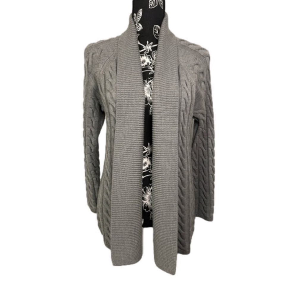 Talbots Wool Cable Knit Open Front Gray Cardigan Size M